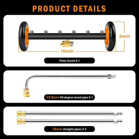 Product details of undercarriage pressure washer attachment with accessories, including a 16-inch water broom and extension wands.