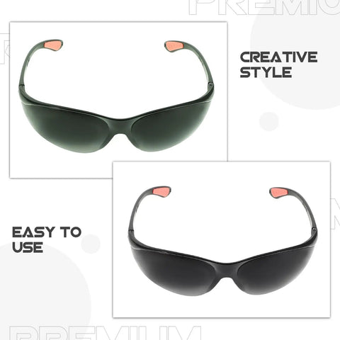 Premium Welding Safety Goggles With Impact Resistant Anti Splash Dark Green Tinted Lenses shown from front and side for visibility.