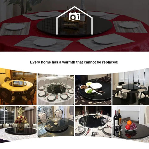 Top Shelf 31 Inch Black Tempered Glass Lazy Susan Turntable for dining tables with elegant settings and multi-purpose use.