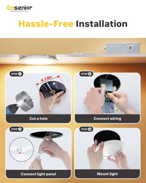 Installation process of Six Pack 4 Inch LED Recessed Light Dimmable 5000K Daylight 750LM Ultra Thin Canless Wafer Ceiling Light Fixture
