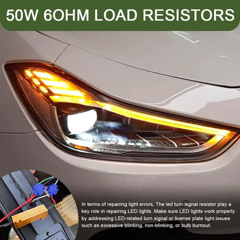 Car headlight with 2 Pack 50W 6 Ohm LED Turn Signal Load Resistors and quick wire clips in aluminum shell shown in inset