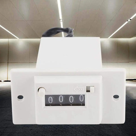Four Digit Mechanical Pulse Counter Totalizer, Electromagnetic Industrial Counter, DC12V Powered for Water Meter Systems, Electricity Monitoring, Production Line Automation, A Go To Workhorse for High Accuracy and Fast Counting, white plastic front view