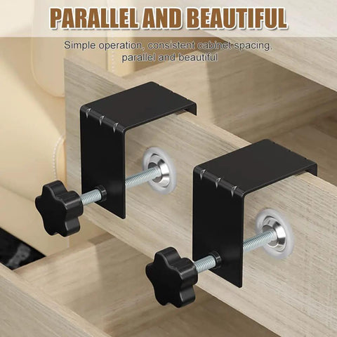 Black clamps from Universal Cabinet Hardware Jig C Clamp Kit for easy installation on wooden drawer fronts.