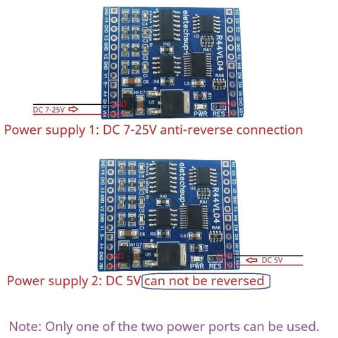 Front view of 12 Channel Mixed IO Module showing DC 7-25V anti-reverse power supply and DC 5V port.