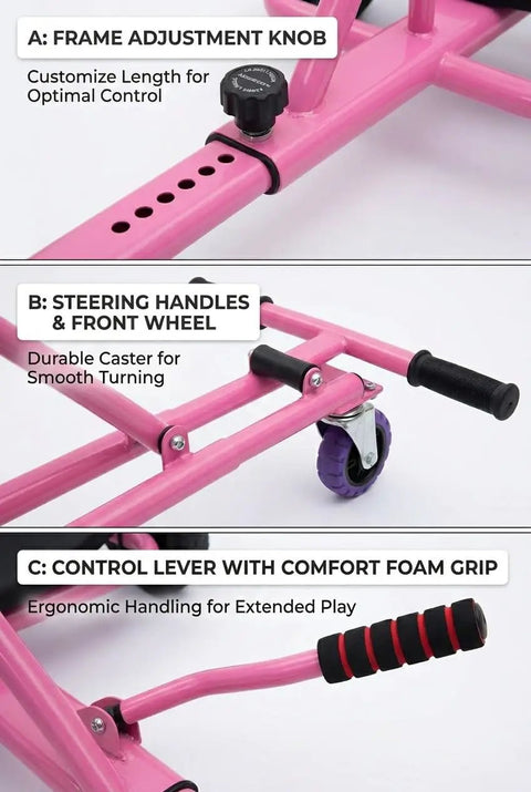 Close-up of Turn Your Hoverboard Into A Sit-On Go Kart With Adjustable Frame, Swivel Wheel, Pink Hoverkart Attachment.