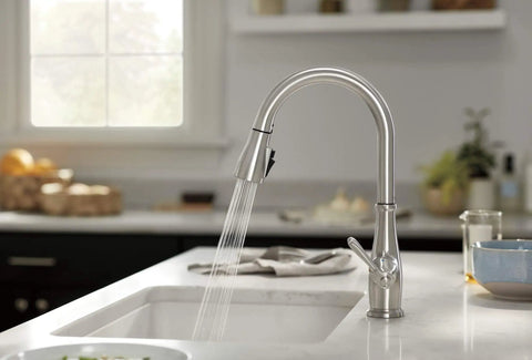Elmhurst Pull Down Sprayer Kitchen Faucet In Brushed Nickel For Single Hole Install With Two Spray Options And Easy Deck Plate Compatibility Sold Separately, water flowing in kitchen setting
