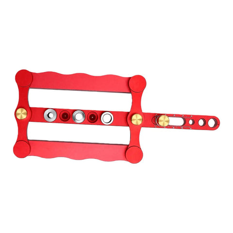Self Centering Doweling Jig Kit With Premium Steel Bushings For Dead On Woodworking Alignments and Zero Sweat Setup top view in red aluminum.