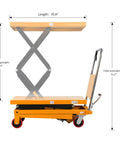 Rock Solid Double Scissor Hydraulic Lift Table Cart 770 Lb Capacity adjustable platform shown with dimensions and lifting height.