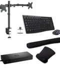 Top Shelf Thunderbolt Dock Bundle Delivering Rock Solid 130W Power And Knockout Quad 4K Video Plus Hdmi Usb C And DisplayPort Connectivity Paired With A Slick Desk Mount Dual Monitor Stand Wireless Keyboard Mouse Kit And Gel Wrist Pad featuring black keyboard, mouse, dock, wrist pads, and monitor stand.