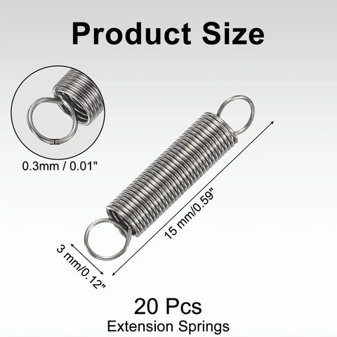 Premium 20 Pc Tiny Extension Springs 304 Stainless Steel For Industrial Repairs durable 15 mm size with 0.3 mm wire diameter.