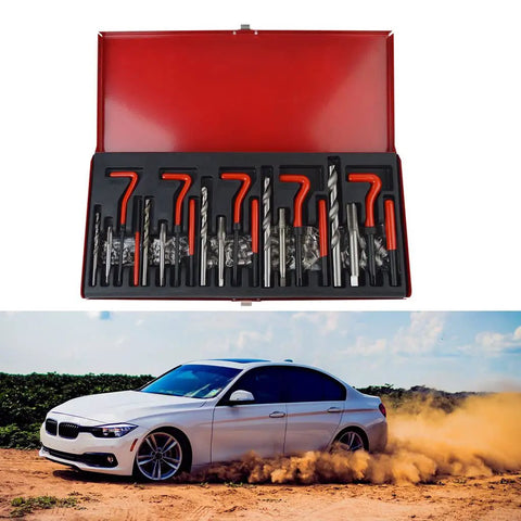 Pro Grade 131 Piece Metric Thread Repair Kit With HSS Drill Bits Taps Threaded Wire Inserts And Break Off Tool Set For Auto Engine Repairs Durable Heavy Duty Steel Construction For Long Lasting Performance, open case with drill bits and taps