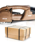 Heavy Duty Portable Electric Strapping Machine For 12-19 Mm PP PET Plastic Bands Handheld Automatic Baler Tool With Dual 6000 Mah Batteries next to a strapped cardboard box.
