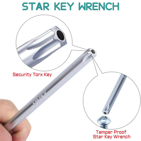 Close-up of Beefy Industrial Grade Tamper Proof Torx Hex Key Set showing T10-T50 security end, long arm, and anti-tamper features.
