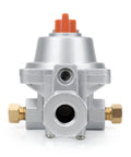Stanbroil 2-Stage Auto Changeover Propane Regulator front view; silver body with orange knobs and brass fittings