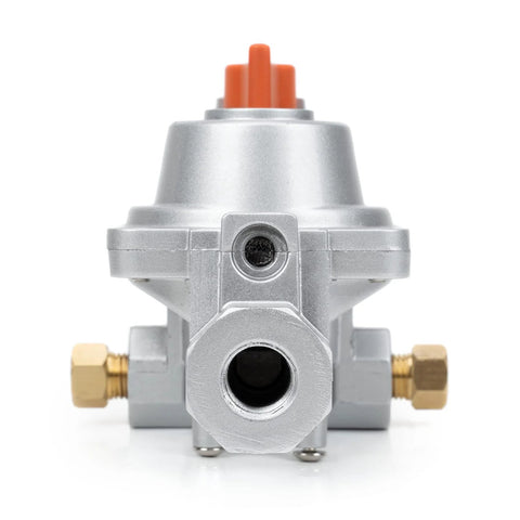 Stanbroil 2-Stage Auto Changeover Propane Regulator front view; silver body with orange knobs and brass fittings