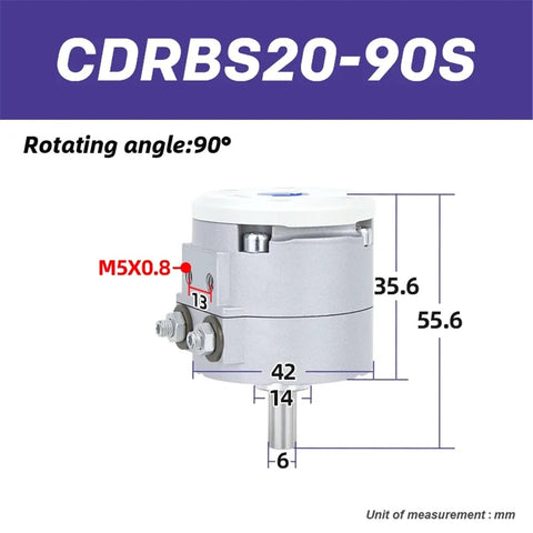 Heavy Duty Air Powered Rotary Actuator Swing Cylinder CDRBS20-90S with 90° rotating angle and dimensions for automation tasks.