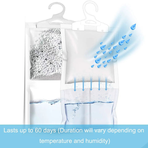 6 Pack Moisture Absorber And Odor Eliminator Hanging Bags For Closets, Charcoal Activated Carbon Dehumidifier, water absorption diagram