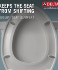 Top view of Elongated Slow Close White Toilet Seat With Non Slip Bumpers For Quiet No Slam Soft Close Action And Easy Installation