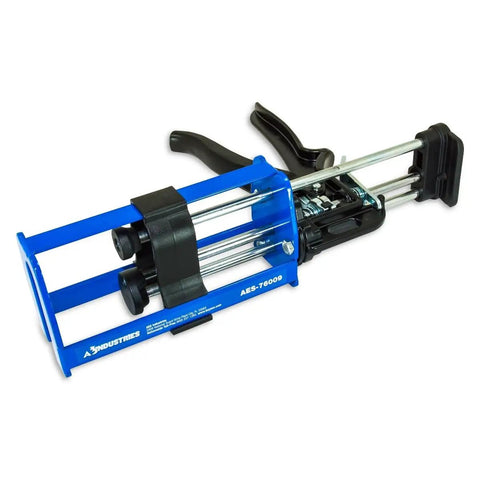 Dual Cartridge Applicator Gun For 200mL 1to1 And 2to1 Cartridges With Smooth Easy Squeeze Trigger, black and blue handle close-up