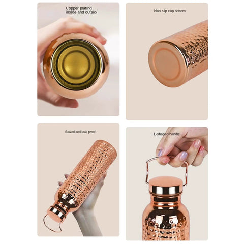 Copper Water Bottle With Easy Temperature Control And Built Tough Leakproof Insulated Design features copper plating and handle