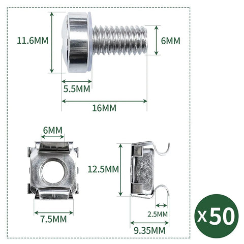 Top Shelf Rock Solid Heavy Duty M6 X 16mm Rack Mount Cage Nut Kit With Screws And Flat Washers For Server Racks And Cabinet Installation Nickel Plated Steel 50 Pack Set components with dimensions and details.