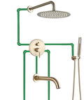 UMJIGF Shower System Brushed Gold Bathroom Shower Faucet Set with Tub Spout, wall-mounted, featuring 8 inch round shower head.