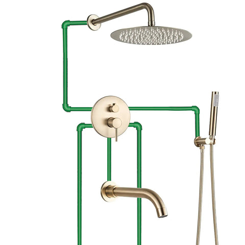 UMJIGF Shower System Brushed Gold Bathroom Shower Faucet Set with Tub Spout, wall-mounted, featuring 8 inch round shower head.