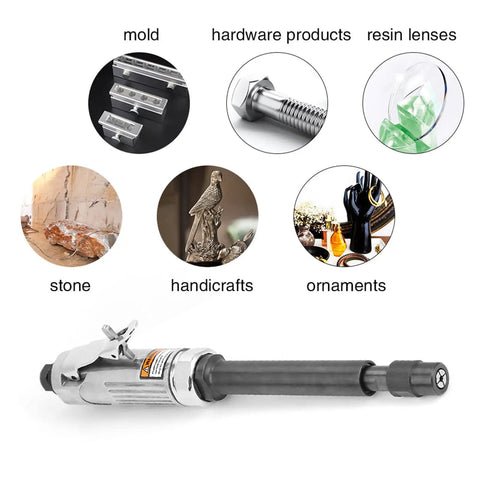 Dead Reliable Air Angle Die Grinder With 25000 Rpm High Speed Pneumatic Tool shown with molds, stone, and ornaments for grinding tasks.