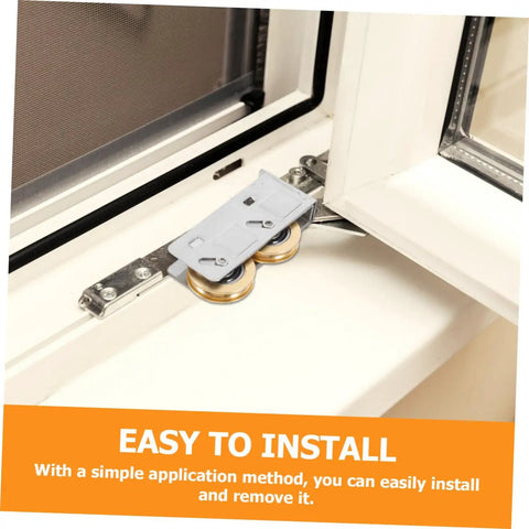 Rock Solid Heavy Duty Double Wheel Sliding Door Pulley Two Pack Stainless Steel Roller Kit mounted on a window track.