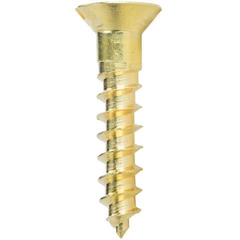 Top Shelf Solid Brass Flat Head Wood Screws #5 X 1/2 Inch With Traditional Slotted Drive, close-up view of a screw