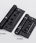 Black Hidden Stainless Steel Door Hinge With Hydraulic Buffer Damping Slick Spring Loaded Cabinet Door Closer, 5 and 4 Inch sizes shown.