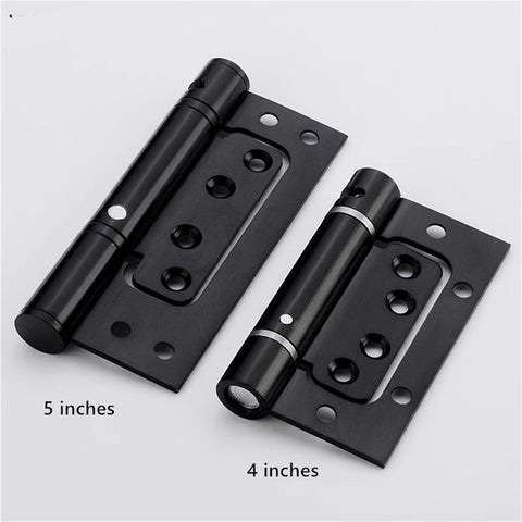 Black Hidden Stainless Steel Door Hinge With Hydraulic Buffer Damping Slick Spring Loaded Cabinet Door Closer, 5 and 4 Inch sizes shown.