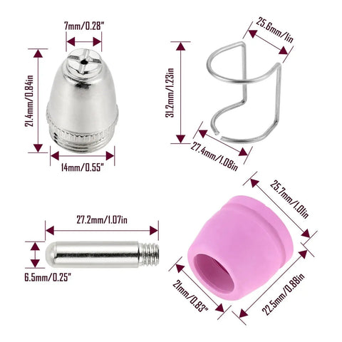 Top Tier 100Pc Plasma Cutter Consumables Kit With Ag-60 Electrode Nozzle And Ceramic Cup for precise cutting, showing parts and measurements.