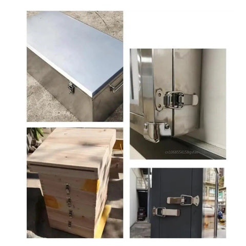 Close-up of spring loaded stainless steel toggle latch kit for cabinets and sliding enclosures 6 pack in use on various surfaces.