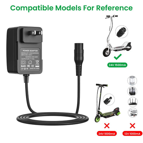 24V 1.5A Electric Scooter Charger For Razor E100 E200 E300 PR200 MX350 Pocket Mod Sports Mod Dirt Quad And Dirt Bike Replacement 24 Volt DC 36W Power Adapter