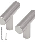 Set Of Six Modern T Bar Cabinet Knobs Hella Durable Stainless Steel Slick Silver Finish Scratch Resistant Kitchen Cupboard Handles showing two knobs with screws.