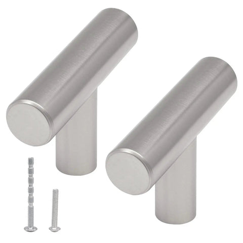 Set Of Six Modern T Bar Cabinet Knobs Hella Durable Stainless Steel Slick Silver Finish Scratch Resistant Kitchen Cupboard Handles showing two knobs with screws.