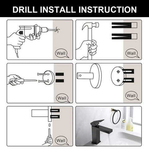 Installation steps for Five Piece Black And Gold Stainless Steel Bathroom Hardware Set with images showing tools and wall mounting.