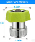 Aluminum Three Quarter Inch Pressure Washer Hose Adapter with Built In Filter, size parameters displayed, green cap with metal filter