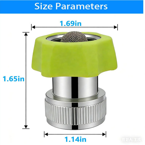 Aluminum Three Quarter Inch Pressure Washer Hose Adapter with Built In Filter, size parameters displayed, green cap with metal filter