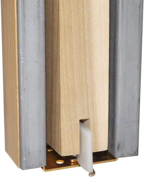 Hidden Pocket Door Guide Kit 2041PLBG with 2 posts, showing wood door groove installation, brass aluminum finish, Made in USA
