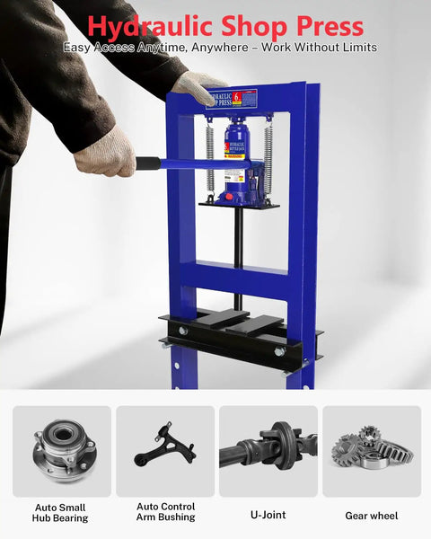 Badass 6 Ton Hydraulic Shop Press With Integrated Bottle Jack Adjustable Stamping Plates And Spacious Work Table showing use in a home garage.