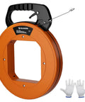 240 Ft Heavy Duty Flat Steel Fish Tape With Thumb Brake And Ergonomic Handle designed with a winding reel and gloves for wiring projects.