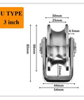 Four Pack Tough As Nails 304 Stainless Steel Groove Caster Wheels For Sliding Gates And Rolling Doors With Quiet Bearings That Glide Smooth U V H Style Track 3 Inch Heavy Duty dimensions showing U type 3 inch design for smooth rolling.