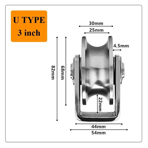 Four Pack Tough As Nails 304 Stainless Steel Groove Caster Wheels For Sliding Gates And Rolling Doors With Quiet Bearings That Glide Smooth U V H Style Track 3 Inch Heavy Duty dimensions showing U type 3 inch design for smooth rolling.