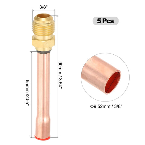 5 Pcs Flare Connector Set For Three Eighths Inch SAE 45 Degree Brass Pipe Fittings with dimensions and copper tube.