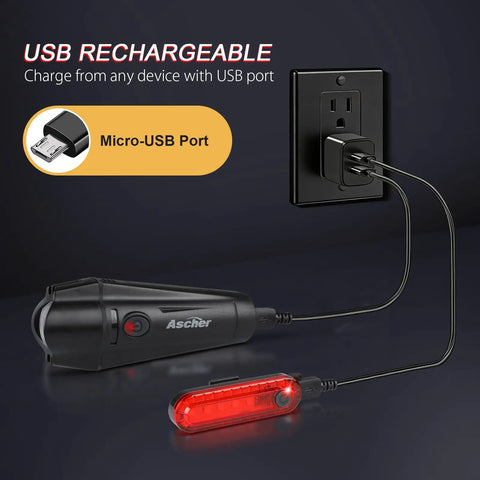 Ultra Bright USB Rechargeable Bike Light Set With Front Headlight And Rear Taillight Four Mode Options Built In Battery Easy Mounting For Road Mountain And City Cycling