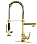 RUMOSE Brushed Gold Commercial Kitchen Faucets with Pull Down Sprayer featuring a coiled hose and side lever, ideal for professional kitchens.