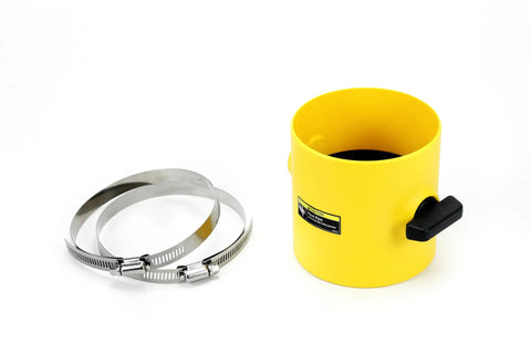 Magswitch Quicklox Air Gate Four Inch Dust Collection Valve With Quick Lock System, yellow valve with metal clamps.