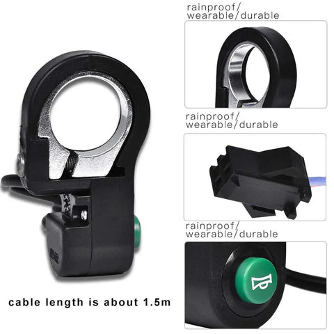 23mm Mini Ebike Horn Switch With 5 Ft Cable Horn Button for electric bikes and scooters, rainproof design and green button detail.